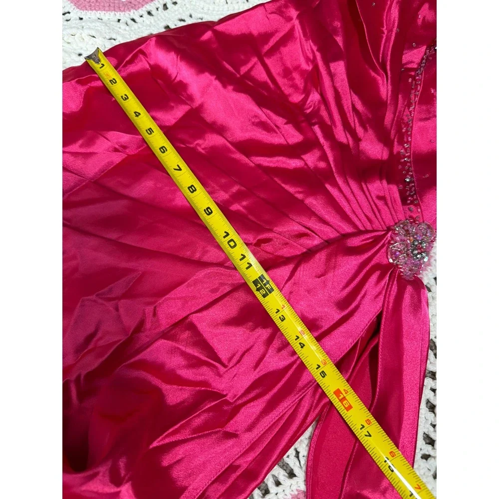 Poly USA Y2K Satin Gown | Hot Pink Beaded Halter | Prom Pageant Formal XS NWT